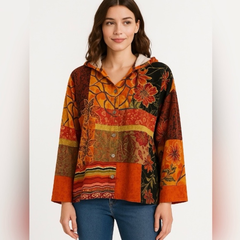 Chico’s Orange Brown Multi Patchwork Hooded Embroidered M Boho Chic